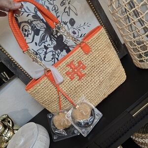 Tory Burch Shoulder Straw Gold Chain Orange and Tan Woven Tote